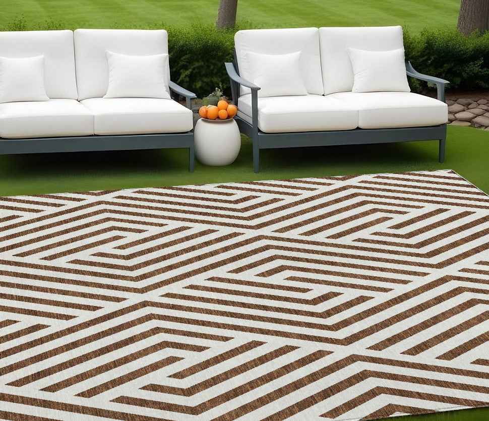 9' X 12' Brown And White Geometric Washable Indoor Outdoor Area Rug