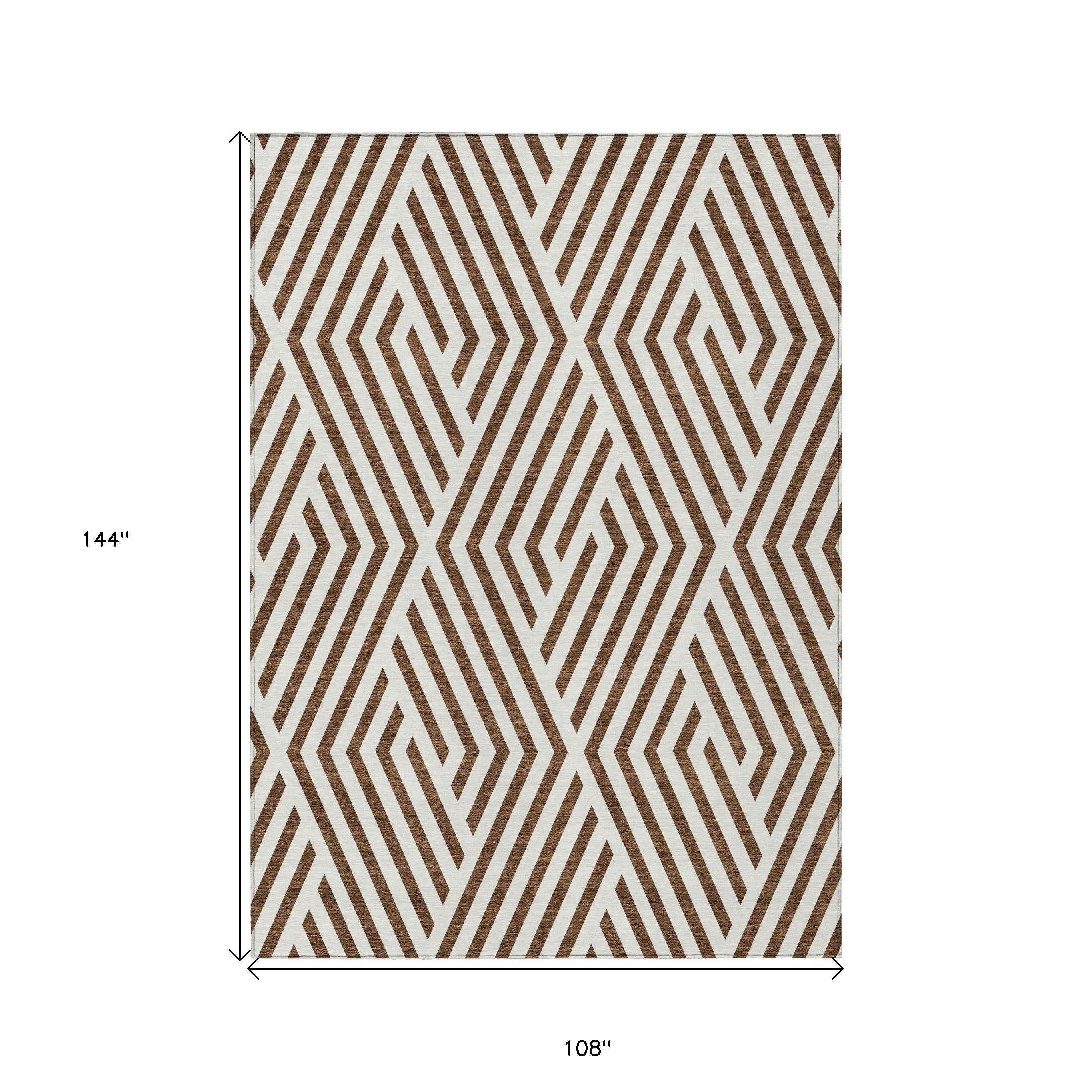 9' X 12' Brown And White Geometric Washable Indoor Outdoor Area Rug