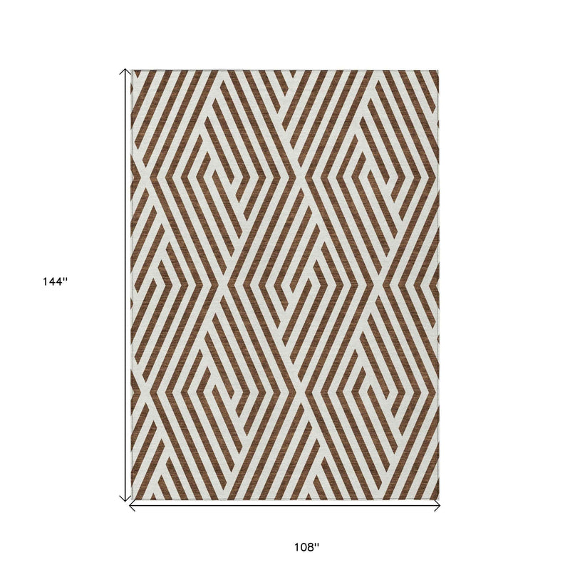 9' X 12' Brown And White Geometric Washable Indoor Outdoor Area Rug