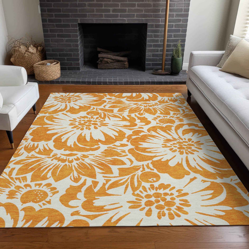 8' X 10' Orange and White Floral Washable Non Skid Indoor Outdoor Area Rug