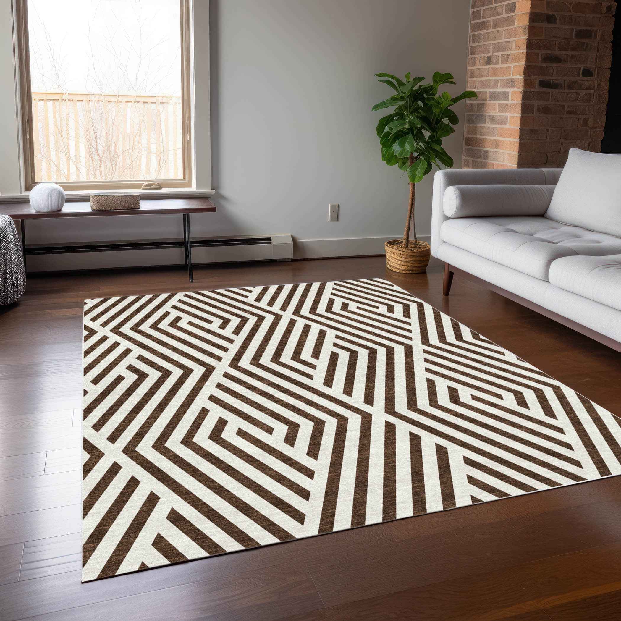 9' X 12' Brown And White Geometric Washable Indoor Outdoor Area Rug