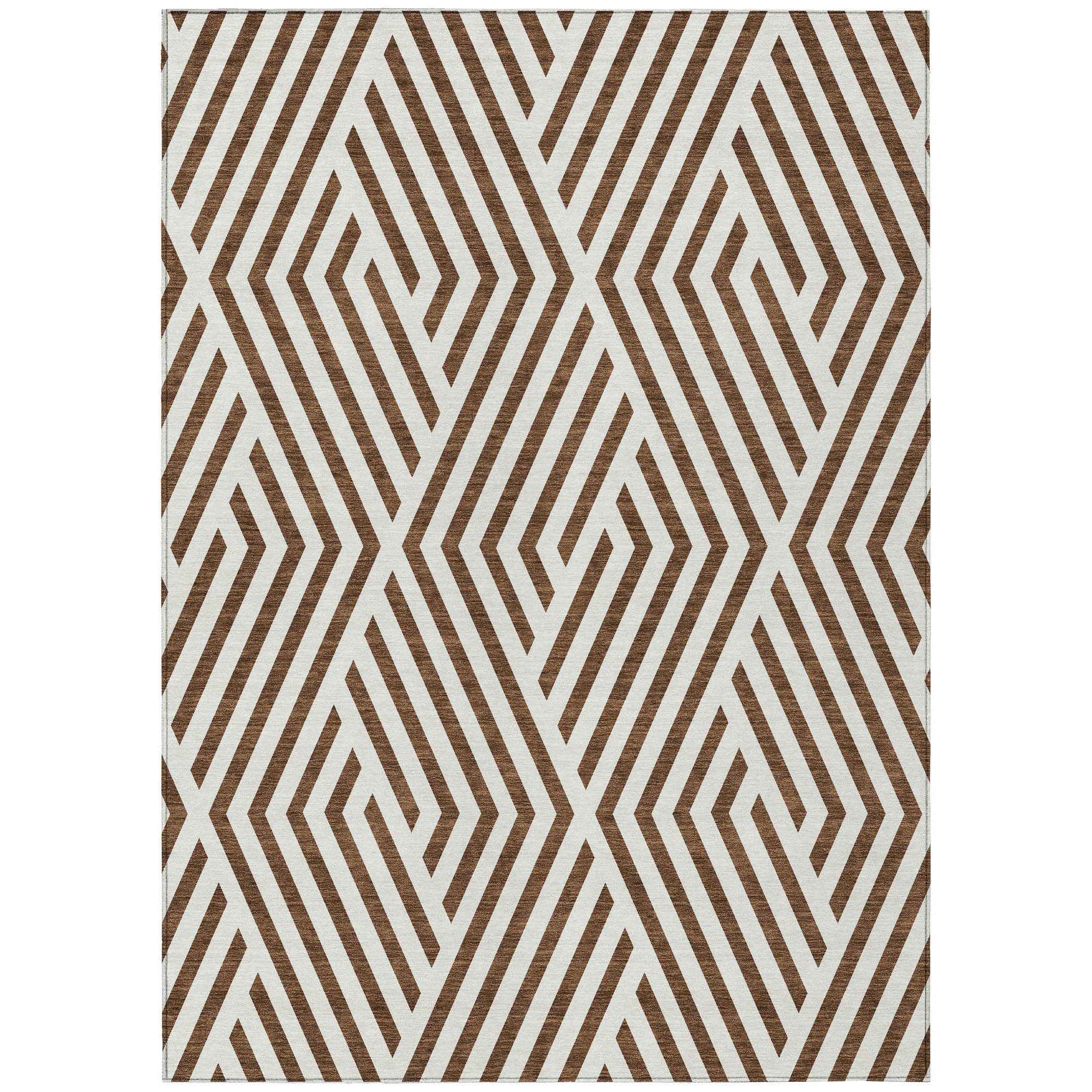 9' X 12' Brown And White Geometric Washable Indoor Outdoor Area Rug