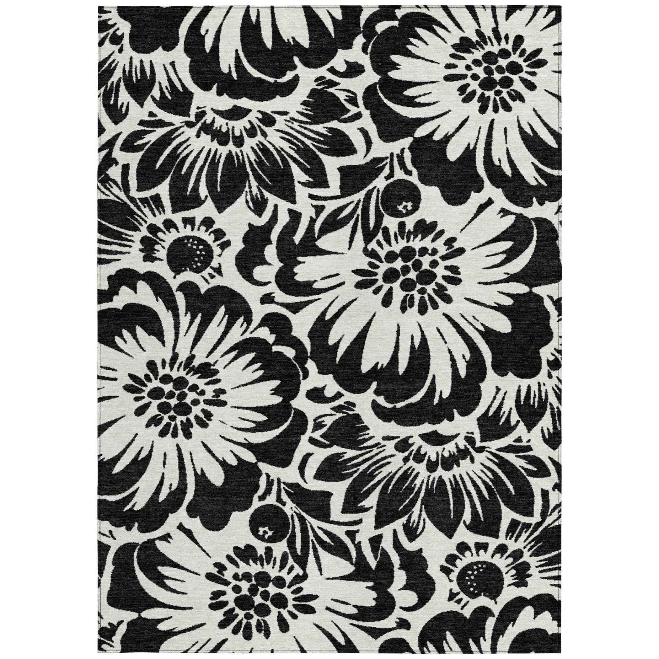 3' X 5' Black and Ivory Floral Washable Non Skid Indoor Outdoor Area Rug
