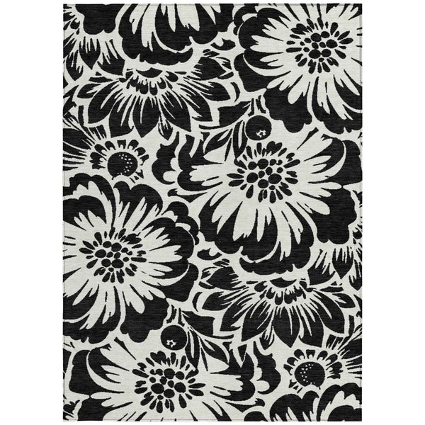3' X 5' Black and Ivory Floral Washable Non Skid Indoor Outdoor Area Rug