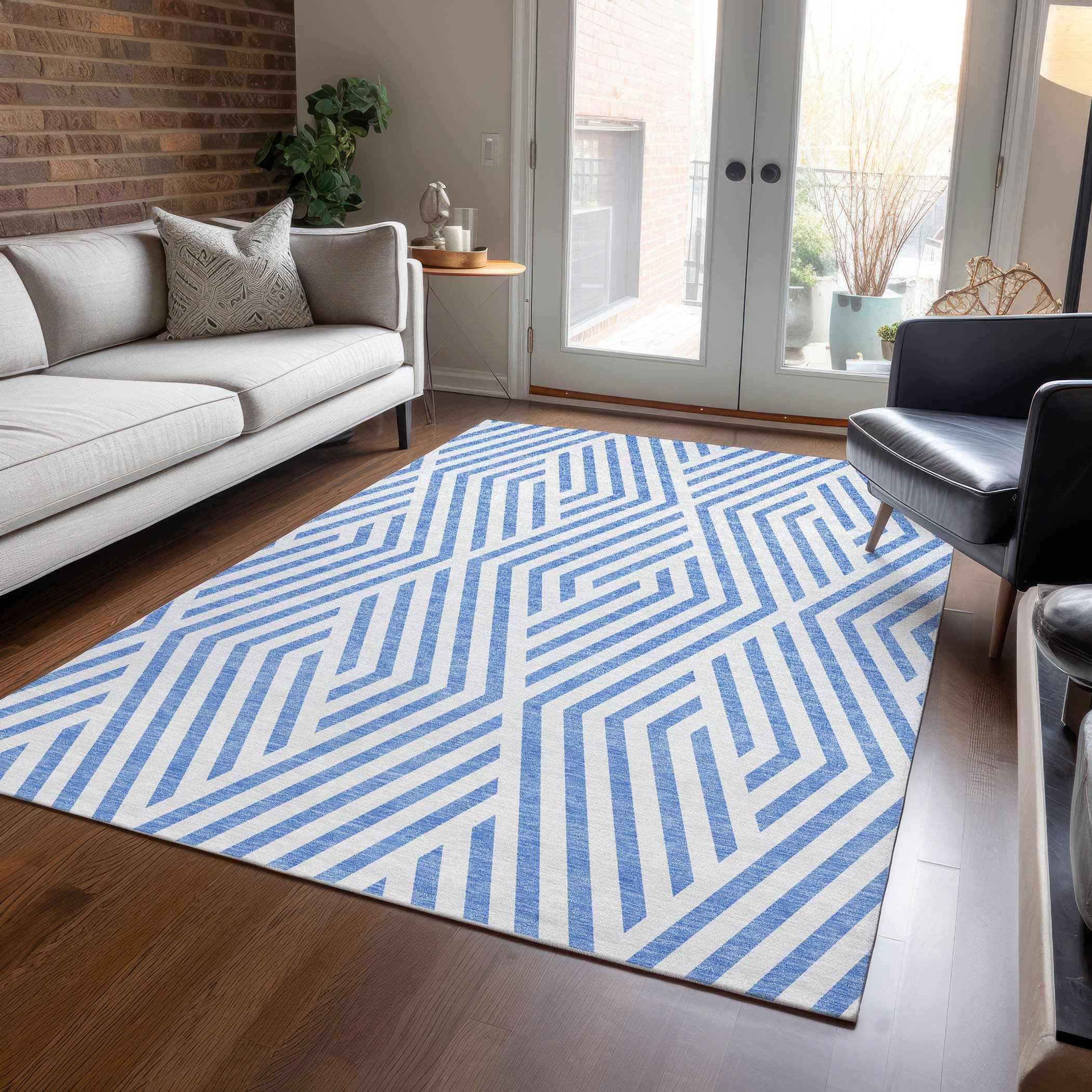 5' X 8' Blue And Ivory Geometric Washable Indoor Outdoor Area Rug
