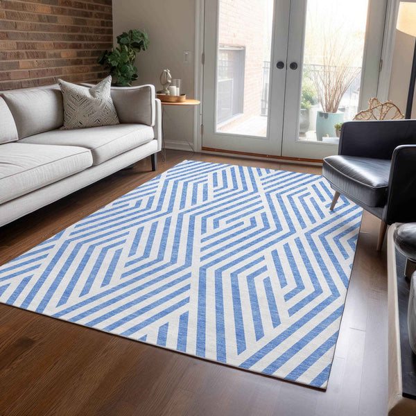 5' X 8' Blue And Ivory Geometric Washable Indoor Outdoor Area Rug
