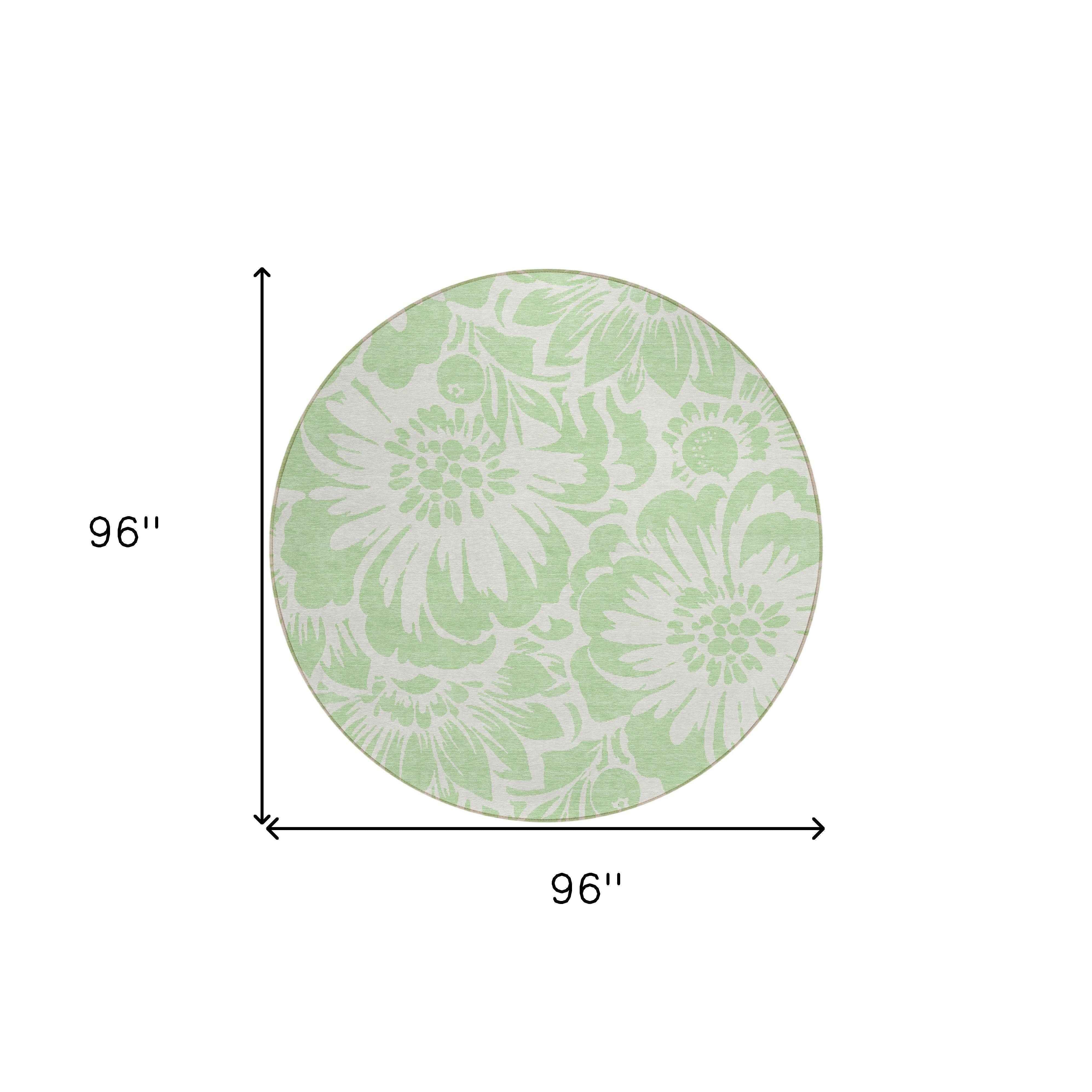 8' Round Mint Green and Ivory Round Floral Washable Non Skid Indoor Outdoor Area Rug