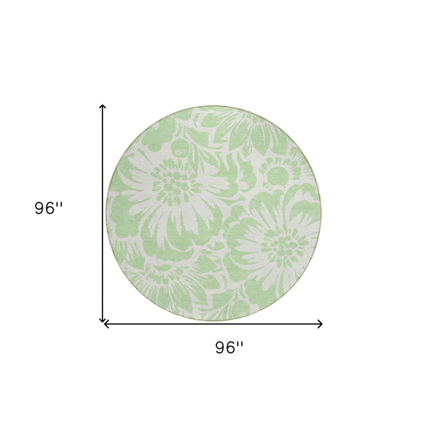 8' Round Mint Green and Ivory Round Floral Washable Non Skid Indoor Outdoor Area Rug
