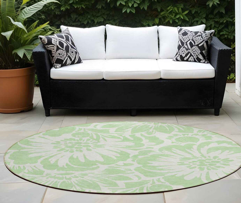 8' Round Mint Green and Ivory Round Floral Washable Non Skid Indoor Outdoor Area Rug