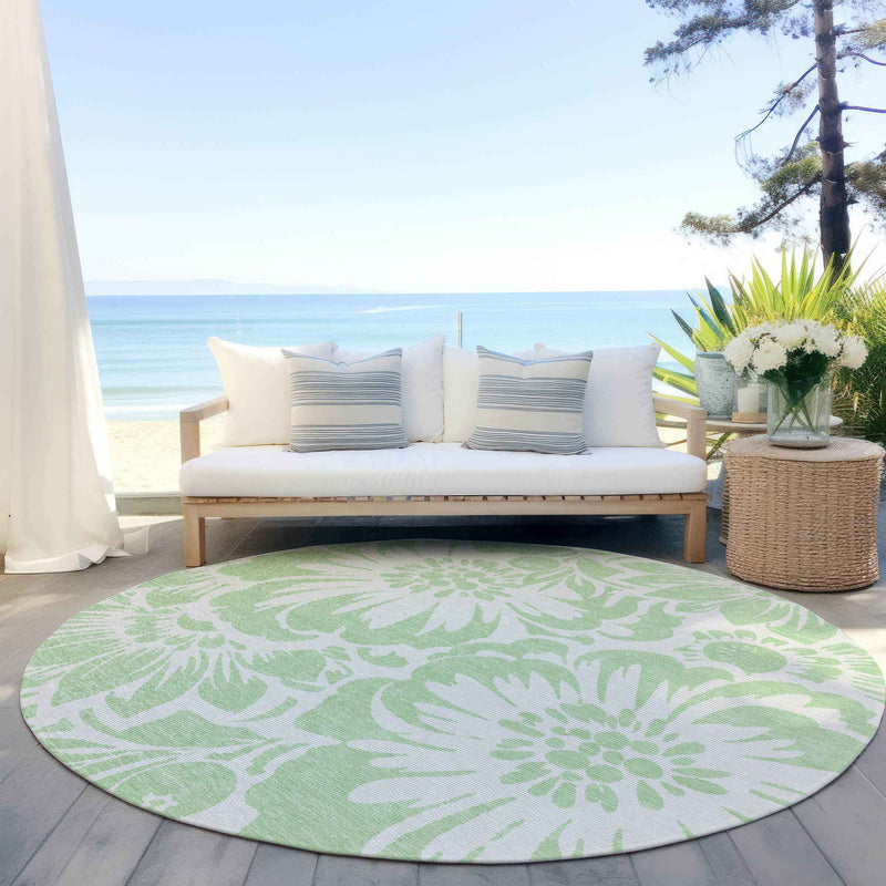 8' Round Mint Green and Ivory Round Floral Washable Non Skid Indoor Outdoor Area Rug