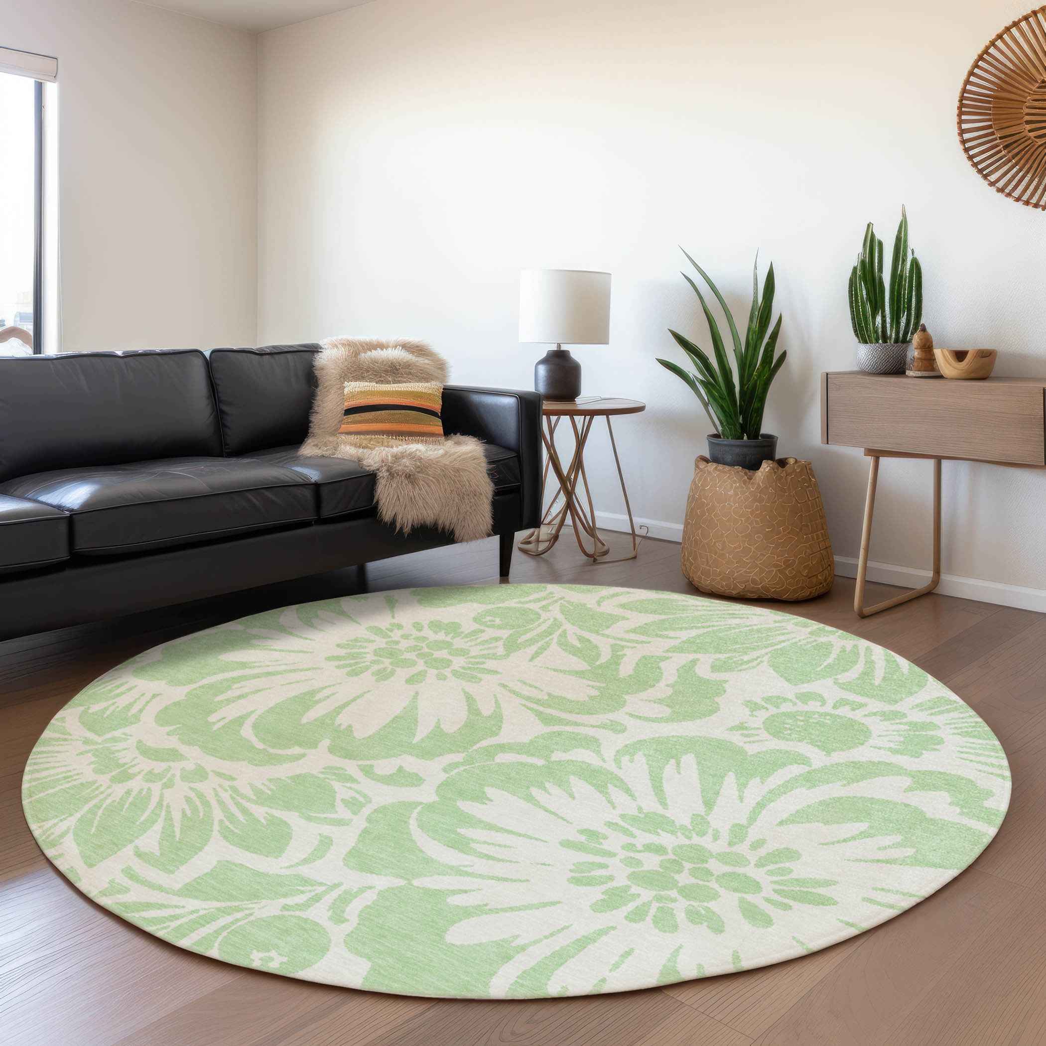 8' Round Mint Green and Ivory Round Floral Washable Non Skid Indoor Outdoor Area Rug