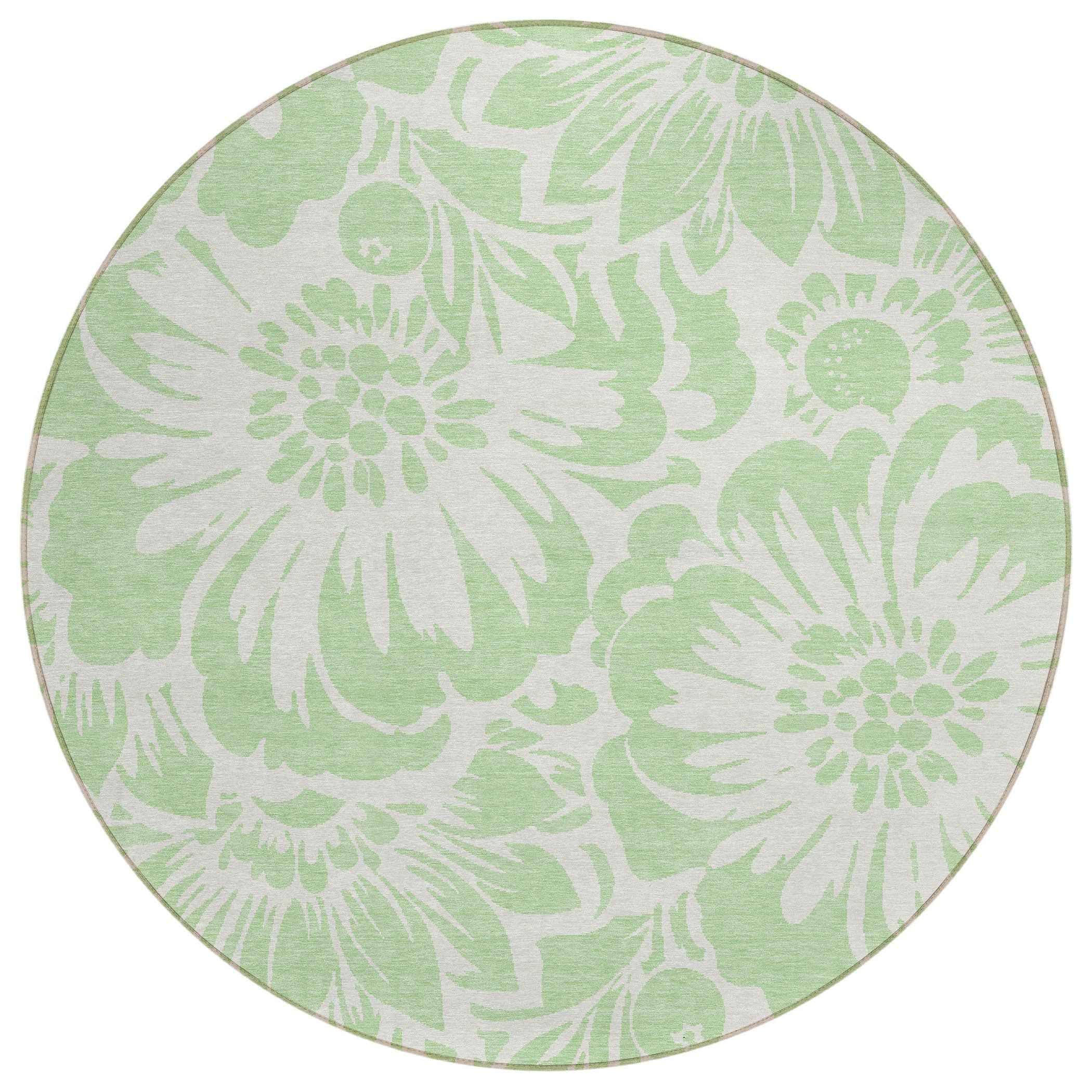 8' Round Mint Green and Ivory Round Floral Washable Non Skid Indoor Outdoor Area Rug