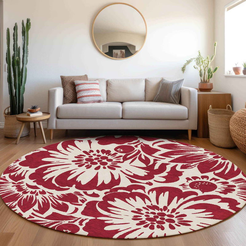 8' Round Burgundy and White Round Floral Washable Non Skid Indoor Outdoor Area Rug