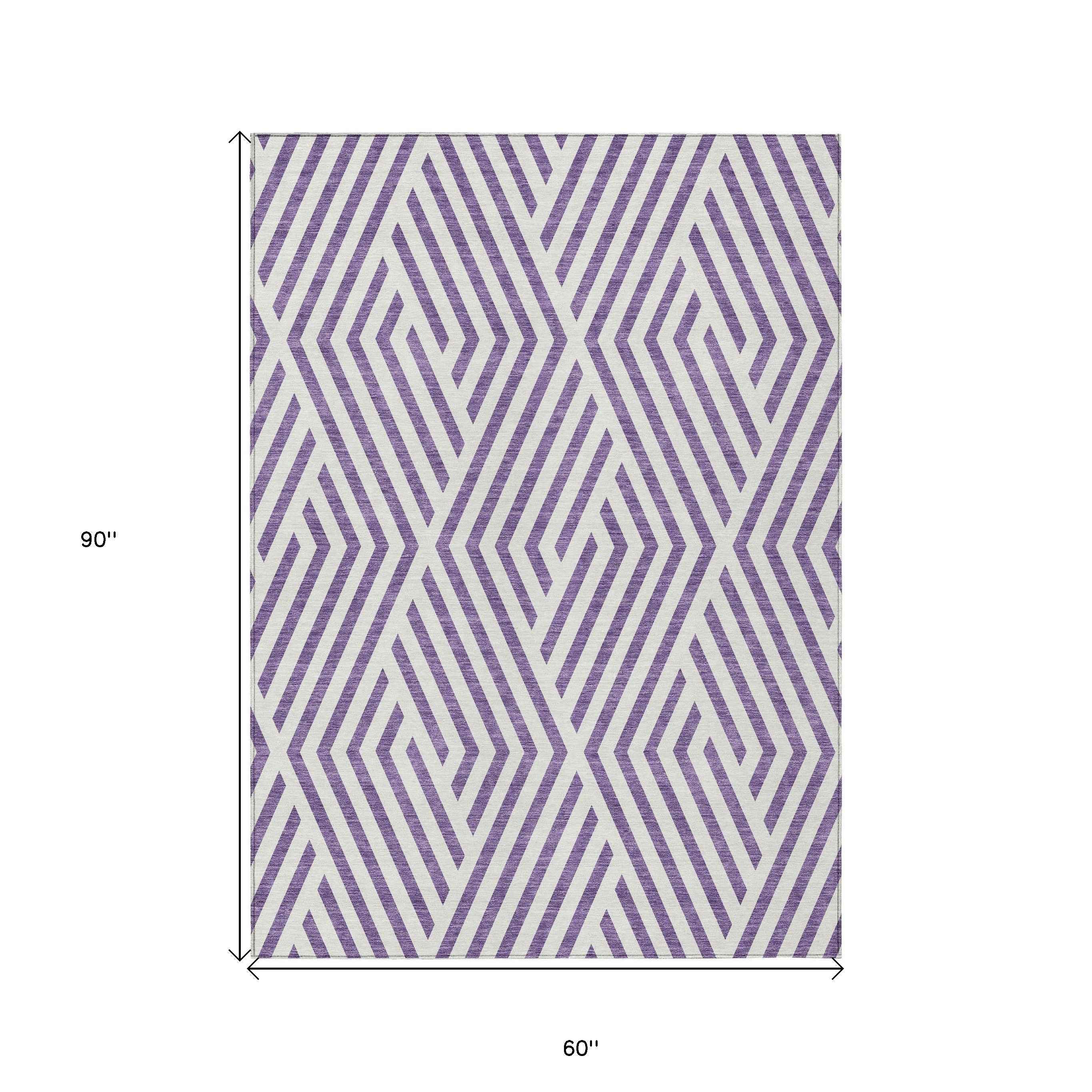 5' X 8' Purple And White Geometric Washable Indoor Outdoor Area Rug
