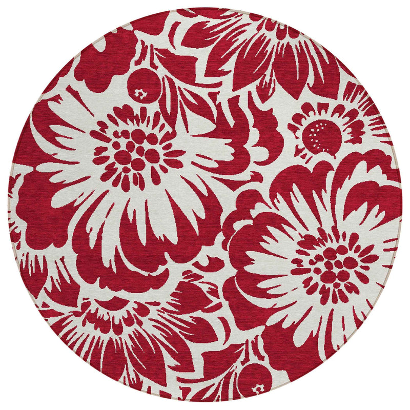 8' Round Burgundy and White Round Floral Washable Non Skid Indoor Outdoor Area Rug
