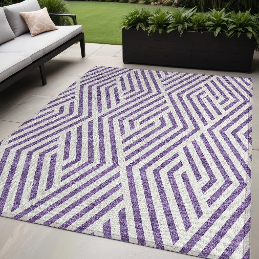 5' X 8' Purple And White Geometric Washable Indoor Outdoor Area Rug