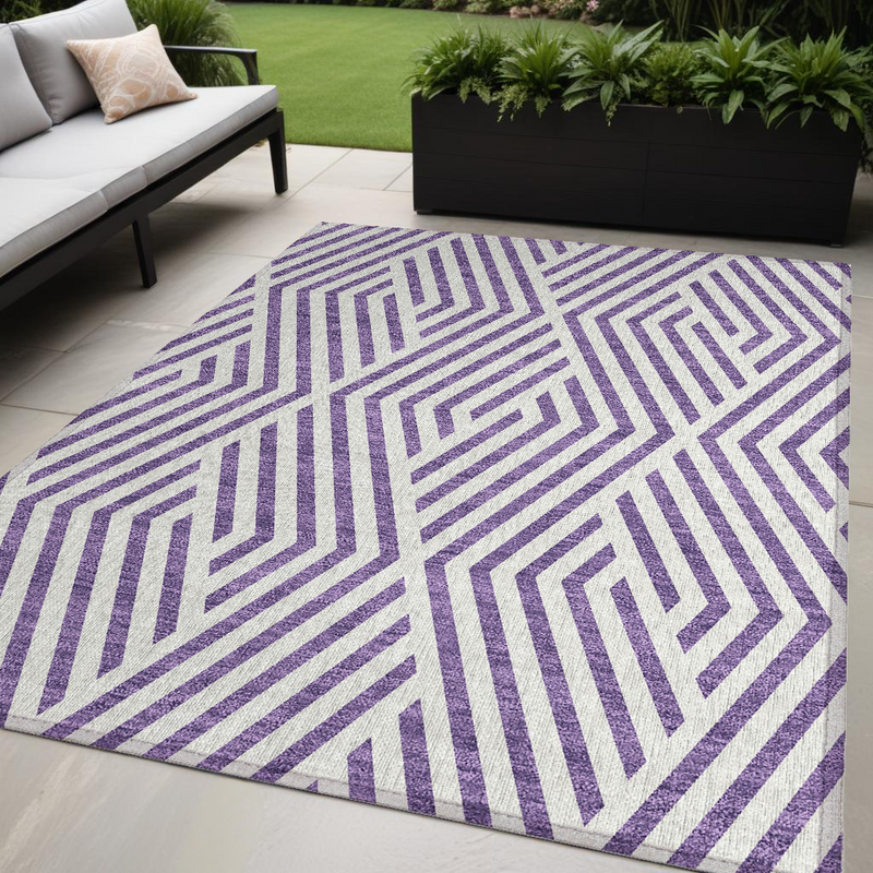 5' X 8' Purple And White Geometric Washable Indoor Outdoor Area Rug