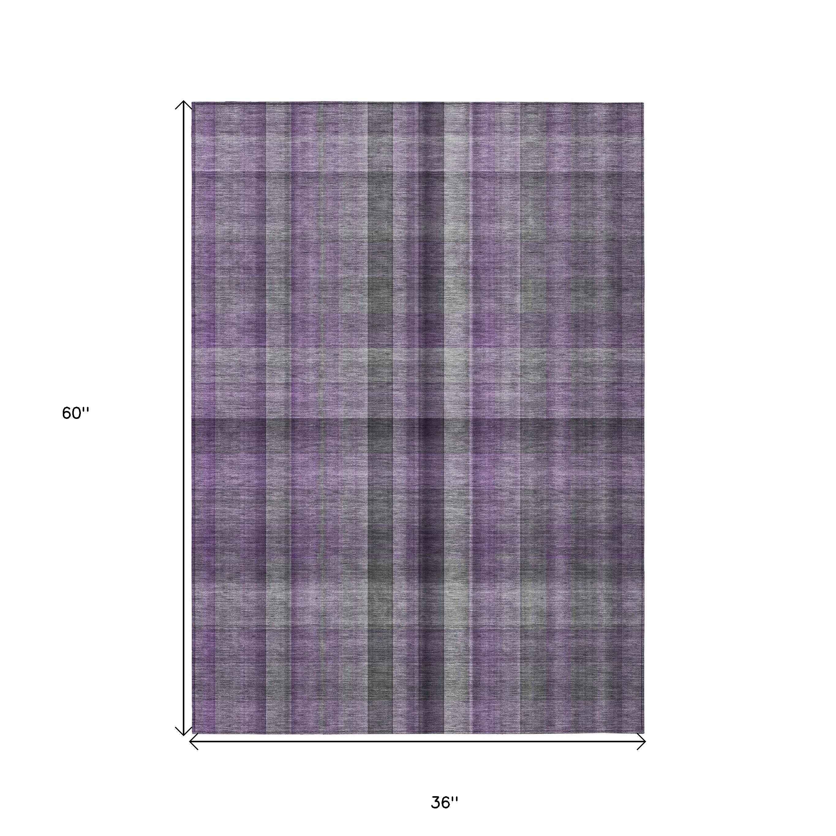 3' X 5' Purple Plaid Washable Non Skid Indoor Outdoor Area Rug
