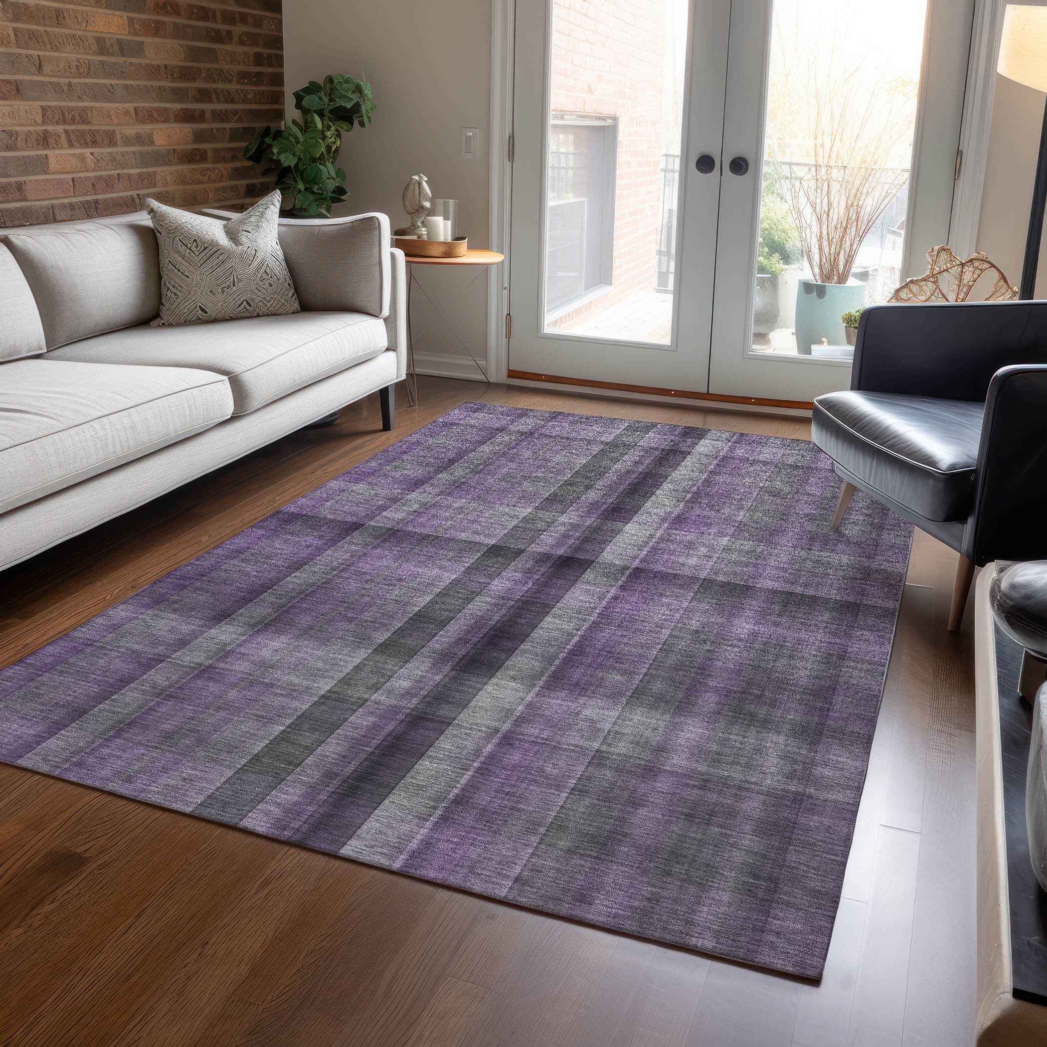 3' X 5' Purple Plaid Washable Non Skid Indoor Outdoor Area Rug