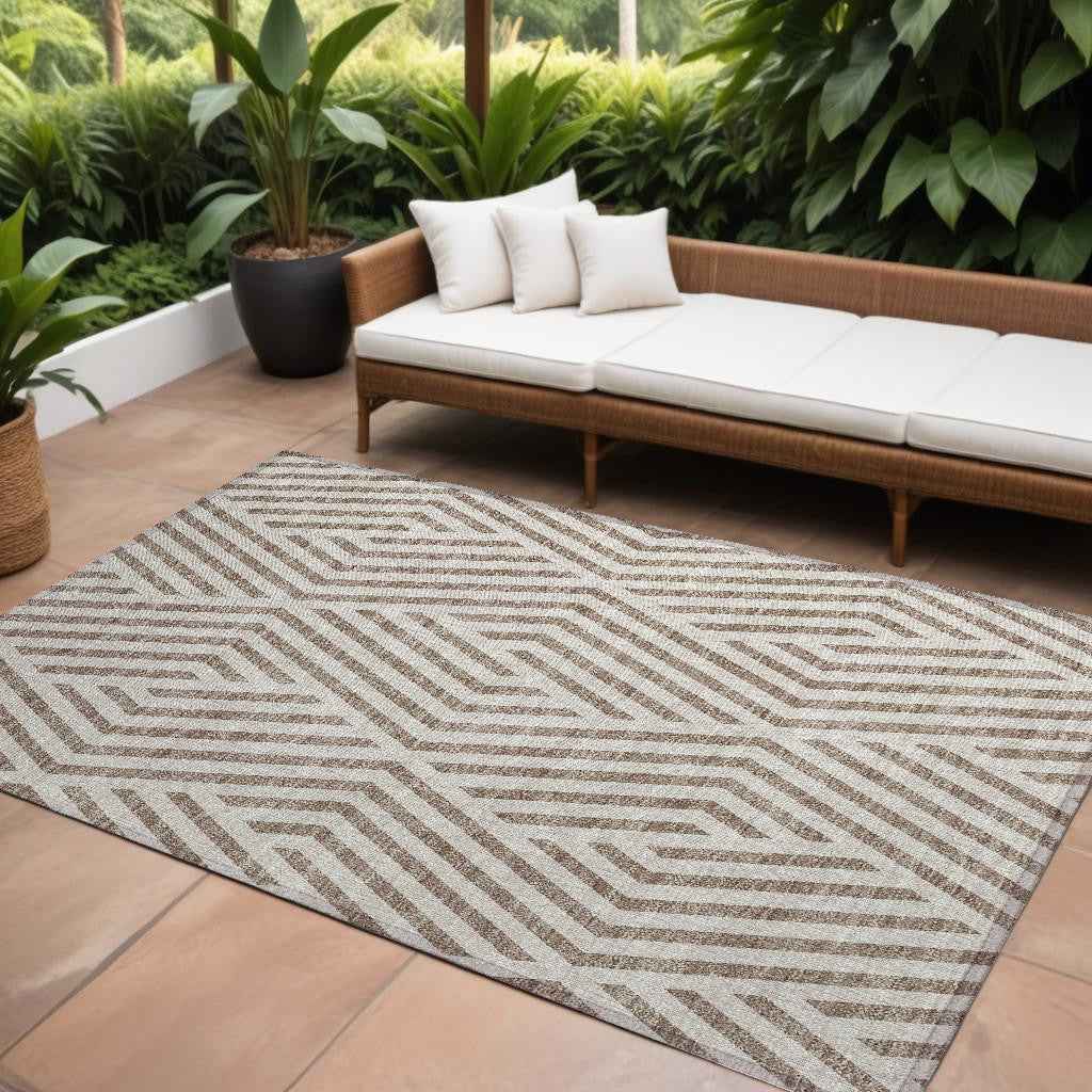 10' X 14' Taupe and Ivory Geometric Washable Non Skid Indoor Outdoor Area Rug