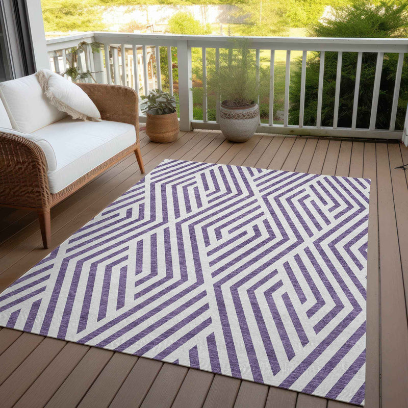 5' X 8' Purple And White Geometric Washable Indoor Outdoor Area Rug