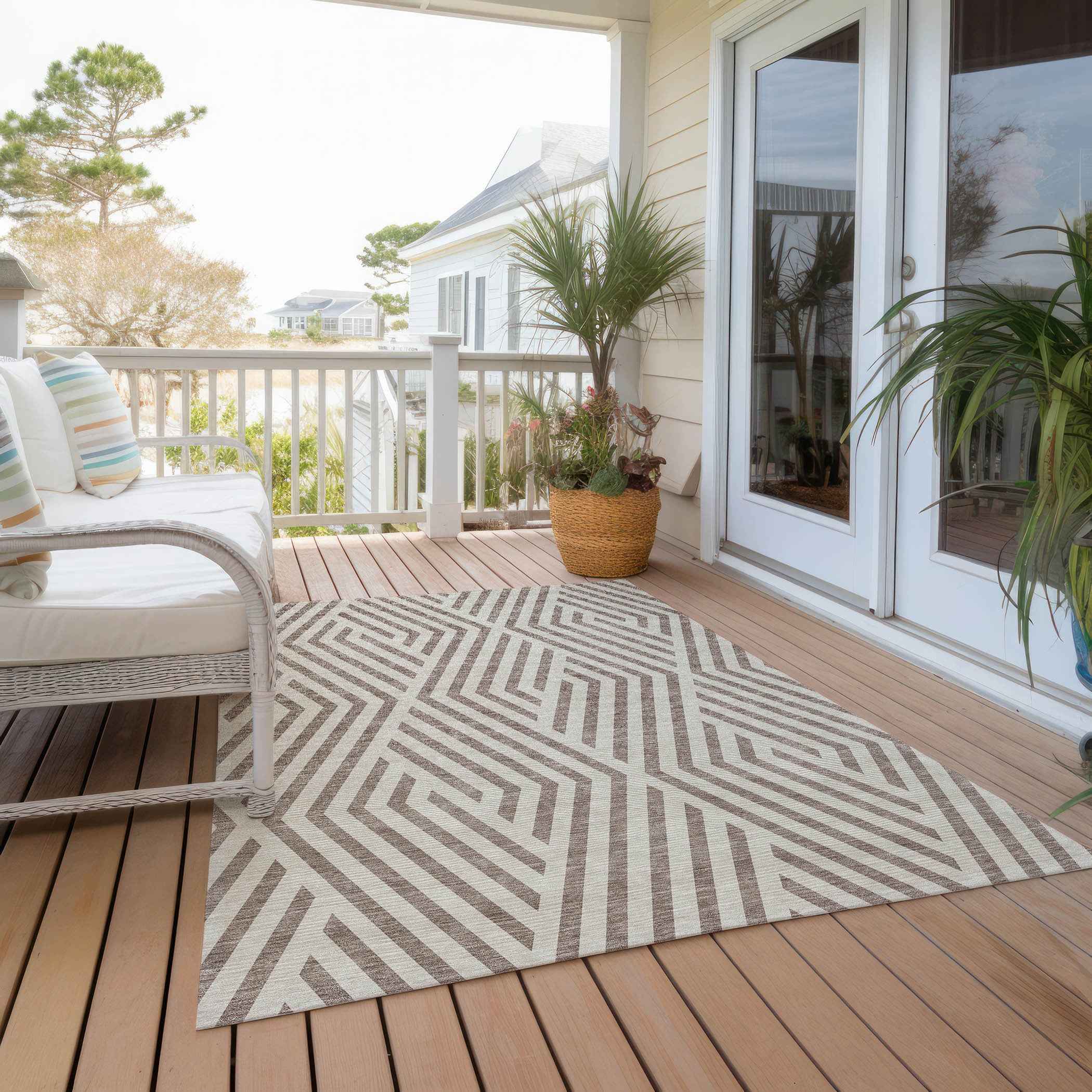 10' X 14' Taupe and Ivory Geometric Washable Non Skid Indoor Outdoor Area Rug