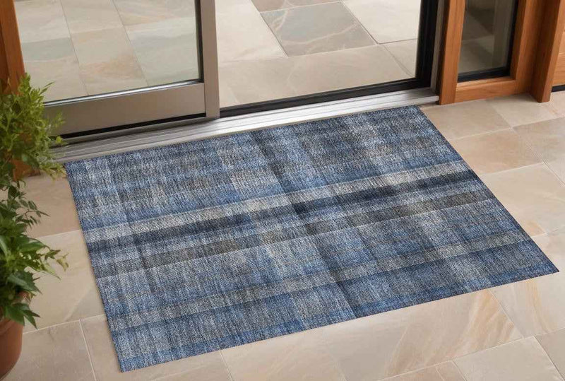 2' X 3' Blue Plaid Washable Non Skid Indoor Outdoor Area Rug