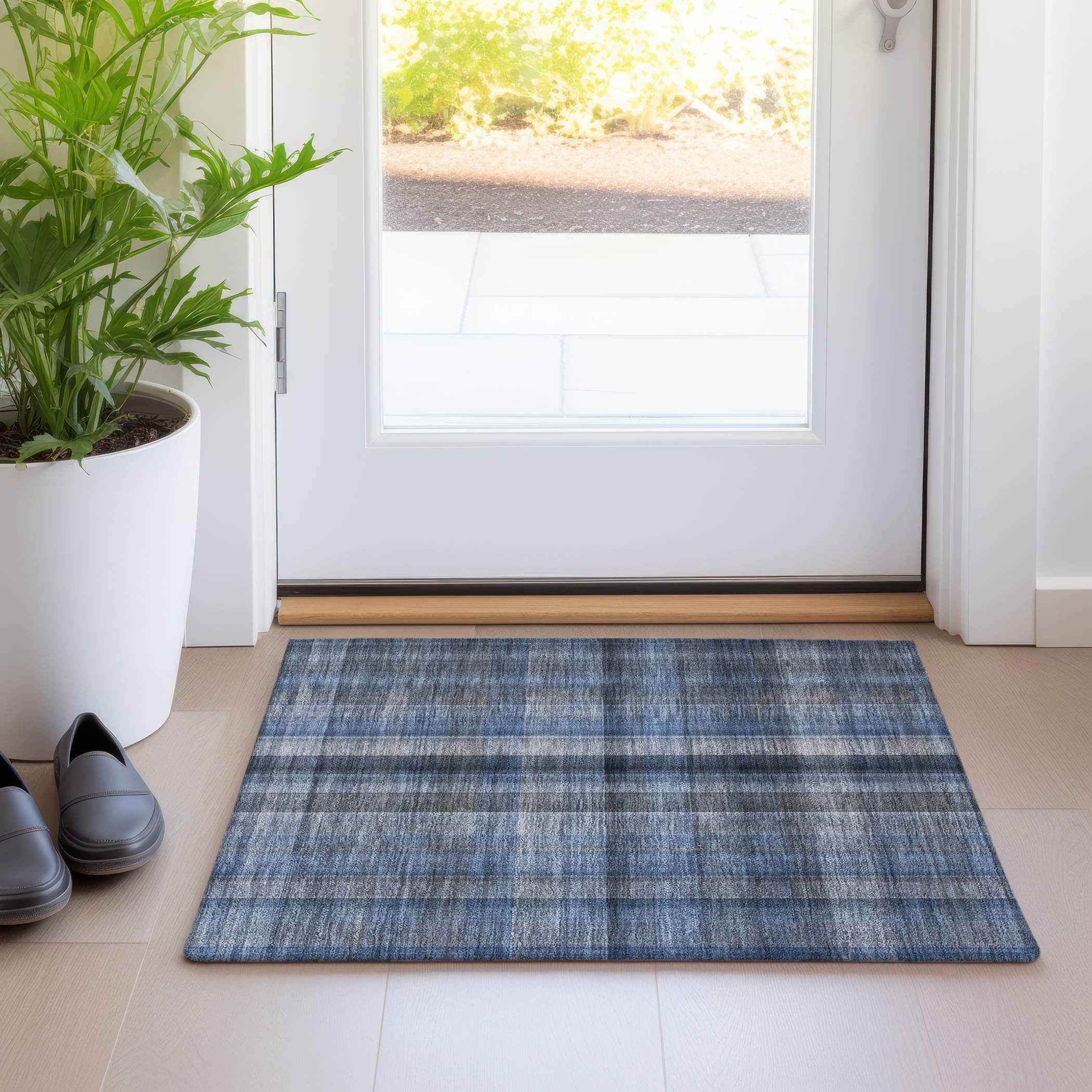 2' X 3' Blue Plaid Washable Non Skid Indoor Outdoor Area Rug