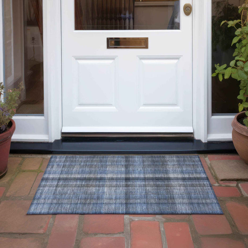 2' X 3' Blue Plaid Washable Non Skid Indoor Outdoor Area Rug