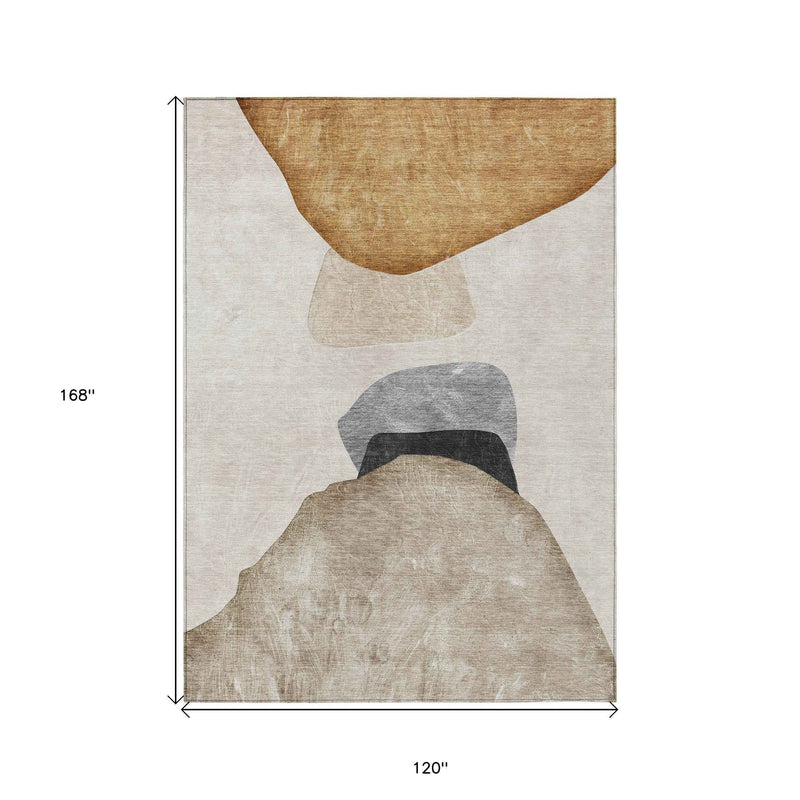 10' X 14' Tan Brown and Gray Abstract Washable Non Skid Indoor Outdoor Area Rug