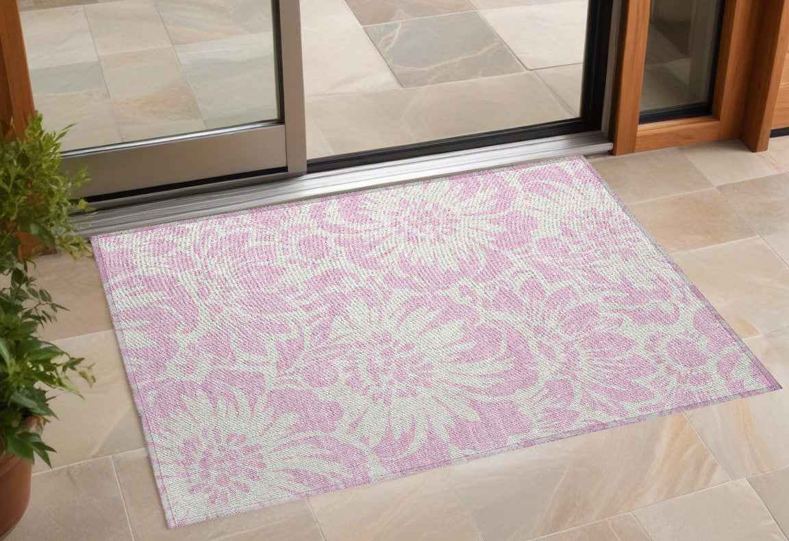 2' X 3' Pink and Ivory Floral Washable Non Skid Indoor Outdoor Area Rug