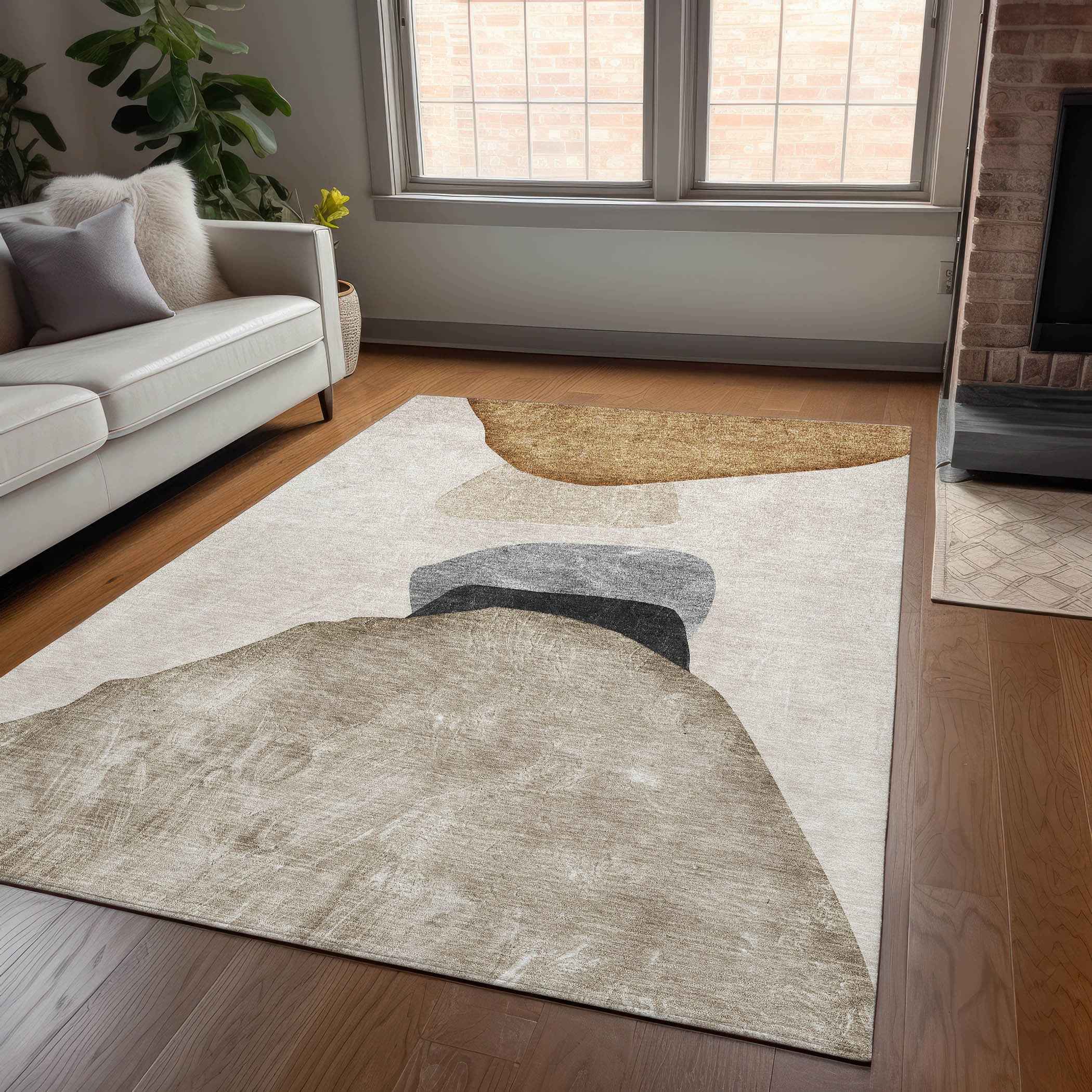 10' X 14' Tan Brown and Gray Abstract Washable Non Skid Indoor Outdoor Area Rug