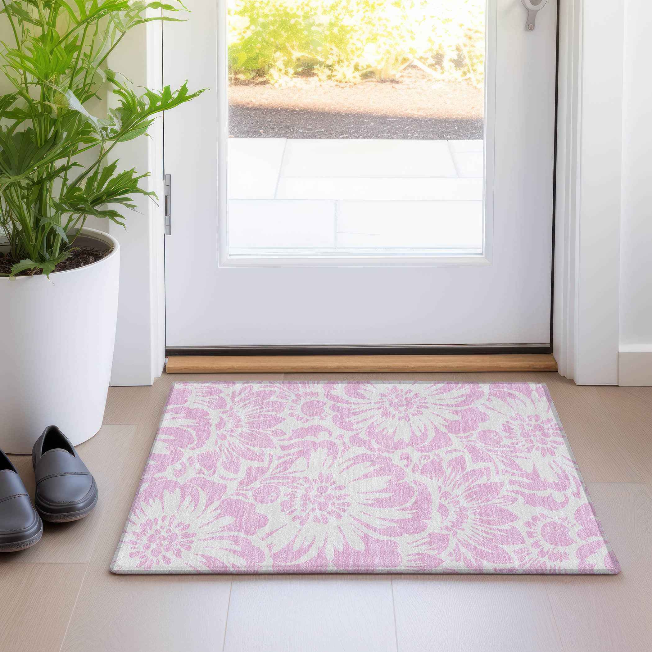 2' X 3' Pink and Ivory Floral Washable Non Skid Indoor Outdoor Area Rug