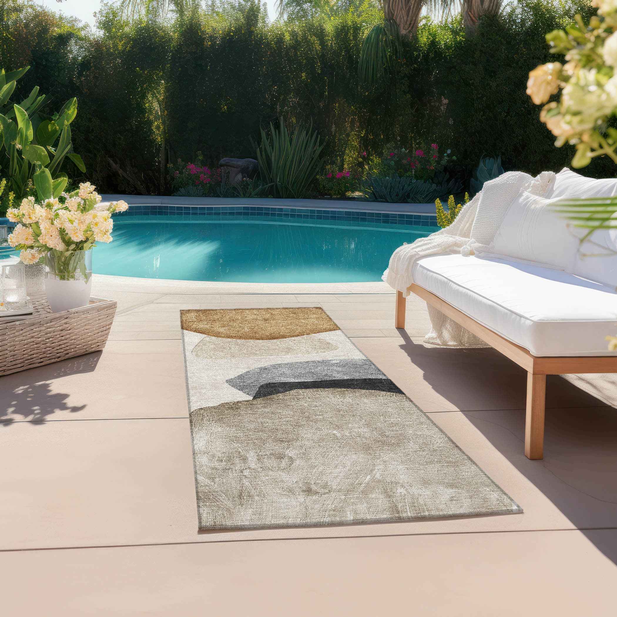 8' Runner Tan Brown and Gray Abstract Washable Non Skid Indoor Outdoor Runner Rug