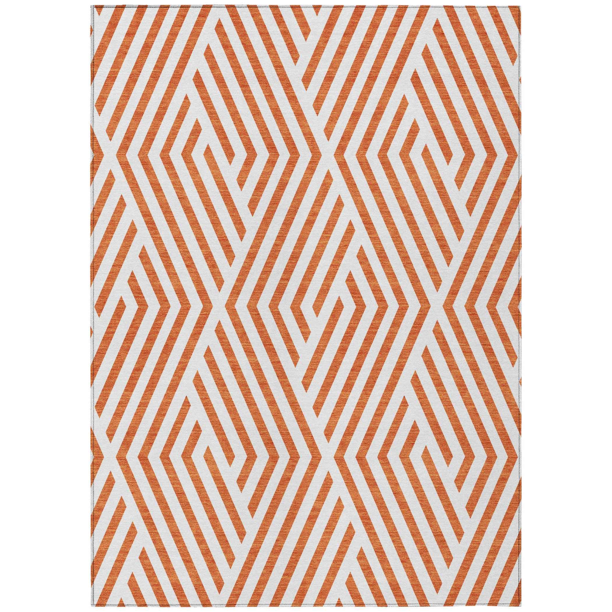 8' X 10' Orange and White Geometric Washable Non Skid Indoor Outdoor Area Rug