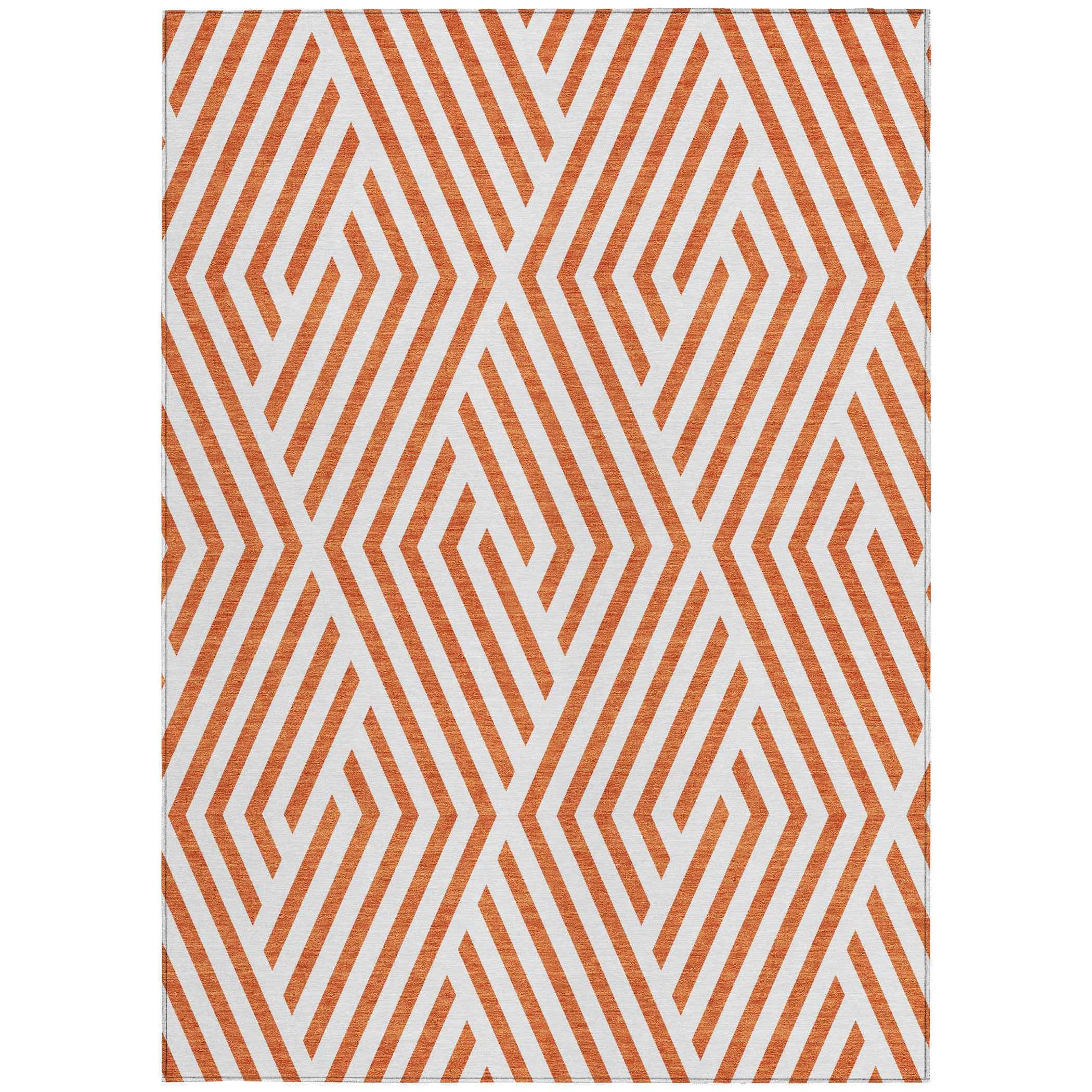 8' X 10' Orange and White Geometric Washable Non Skid Indoor Outdoor Area Rug