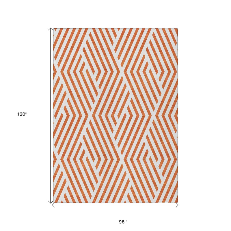 8' X 10' Orange and White Geometric Washable Non Skid Indoor Outdoor Area Rug