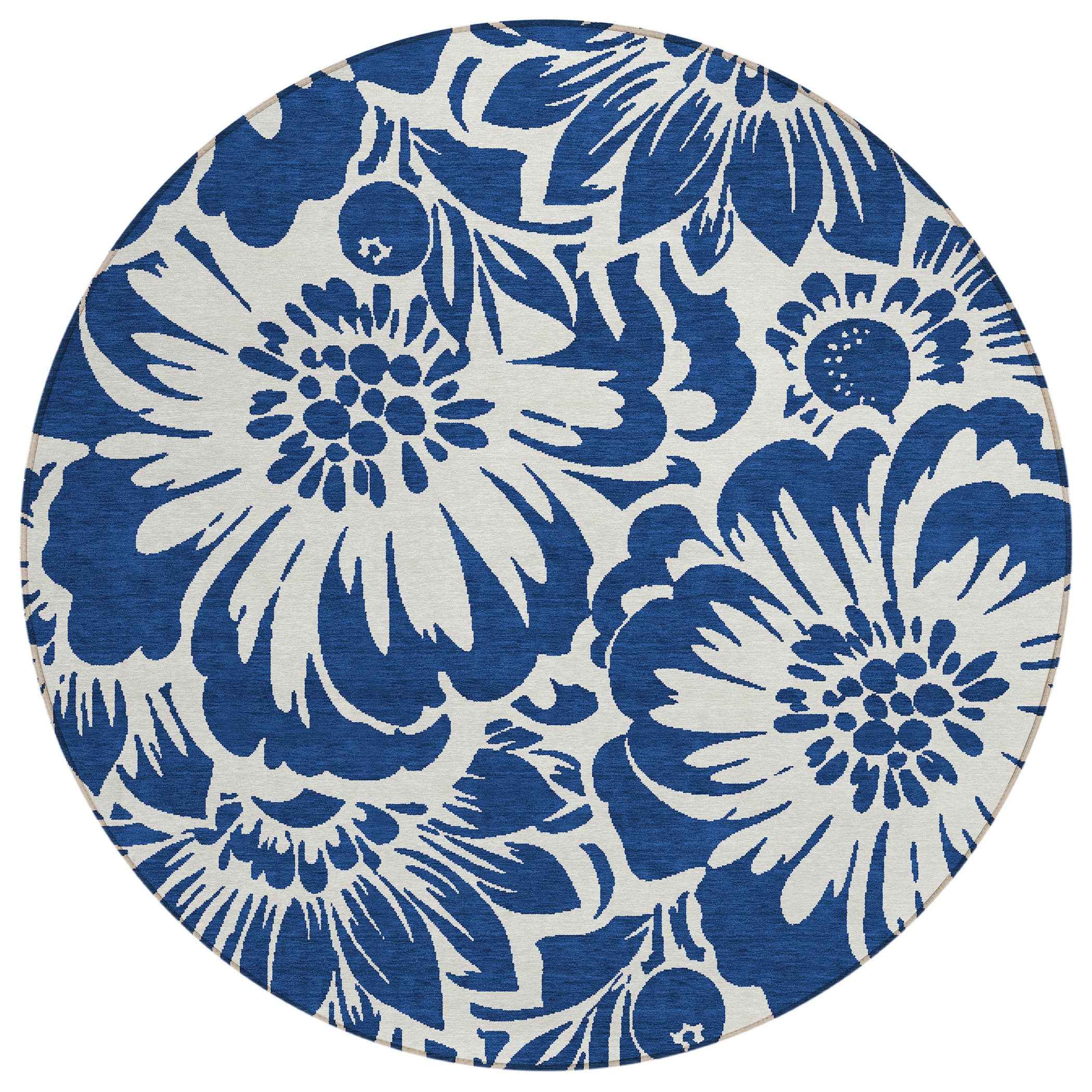 8' Round Navy and Ivory Round Floral Washable Non Skid Indoor Outdoor Area Rug