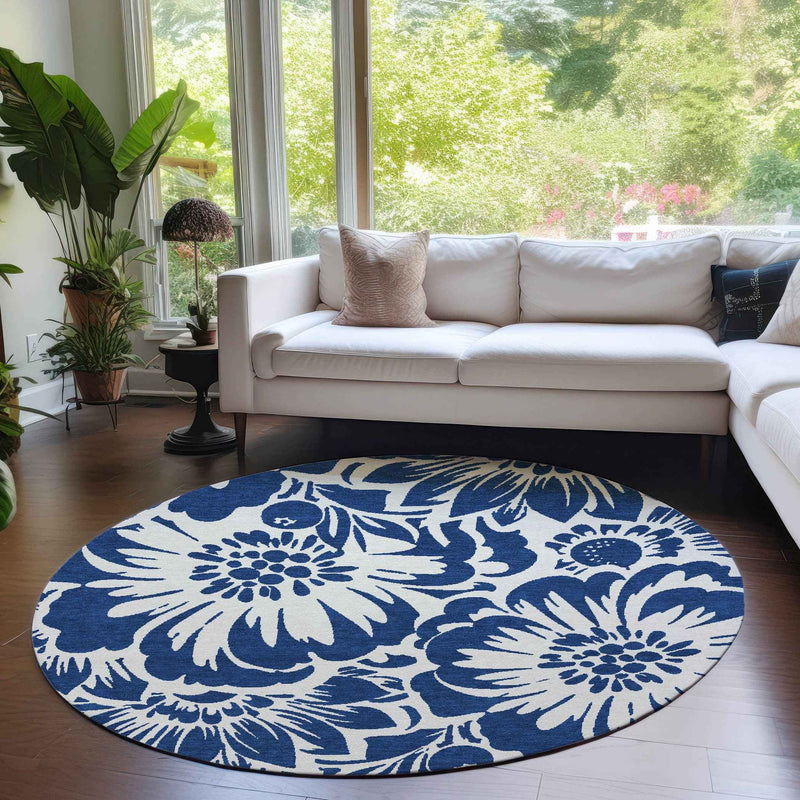 8' Round Navy and Ivory Round Floral Washable Non Skid Indoor Outdoor Area Rug