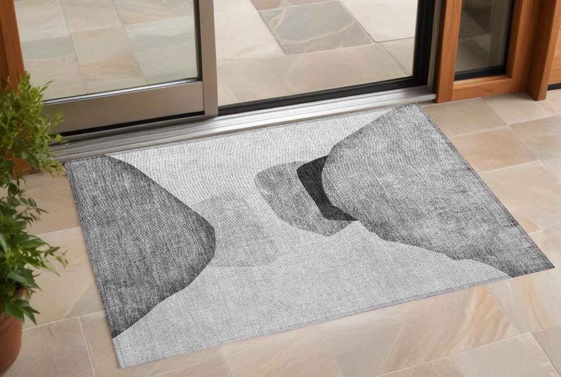 2' X 3' Gray and Black Abstract Washable Non Skid Indoor Outdoor Area Rug