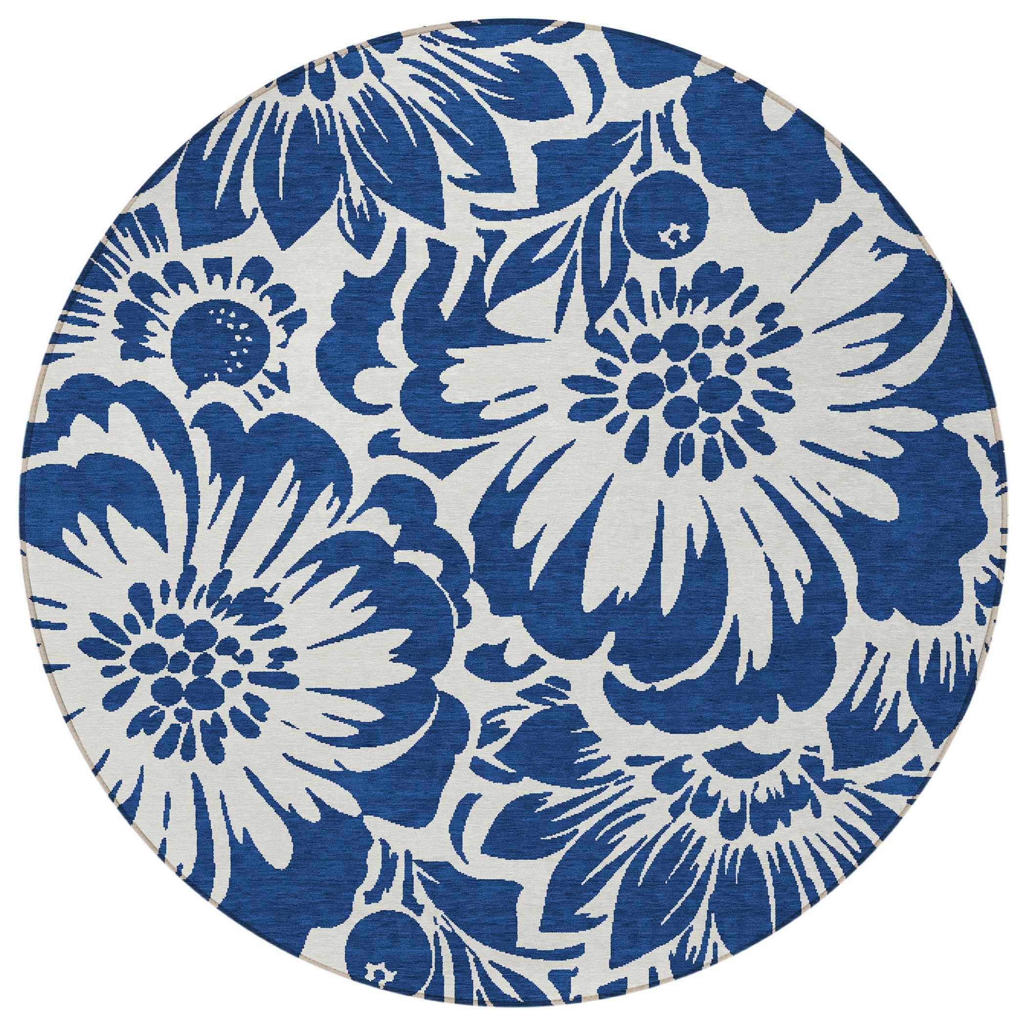 8' Round Navy and Ivory Round Floral Washable Non Skid Indoor Outdoor Area Rug