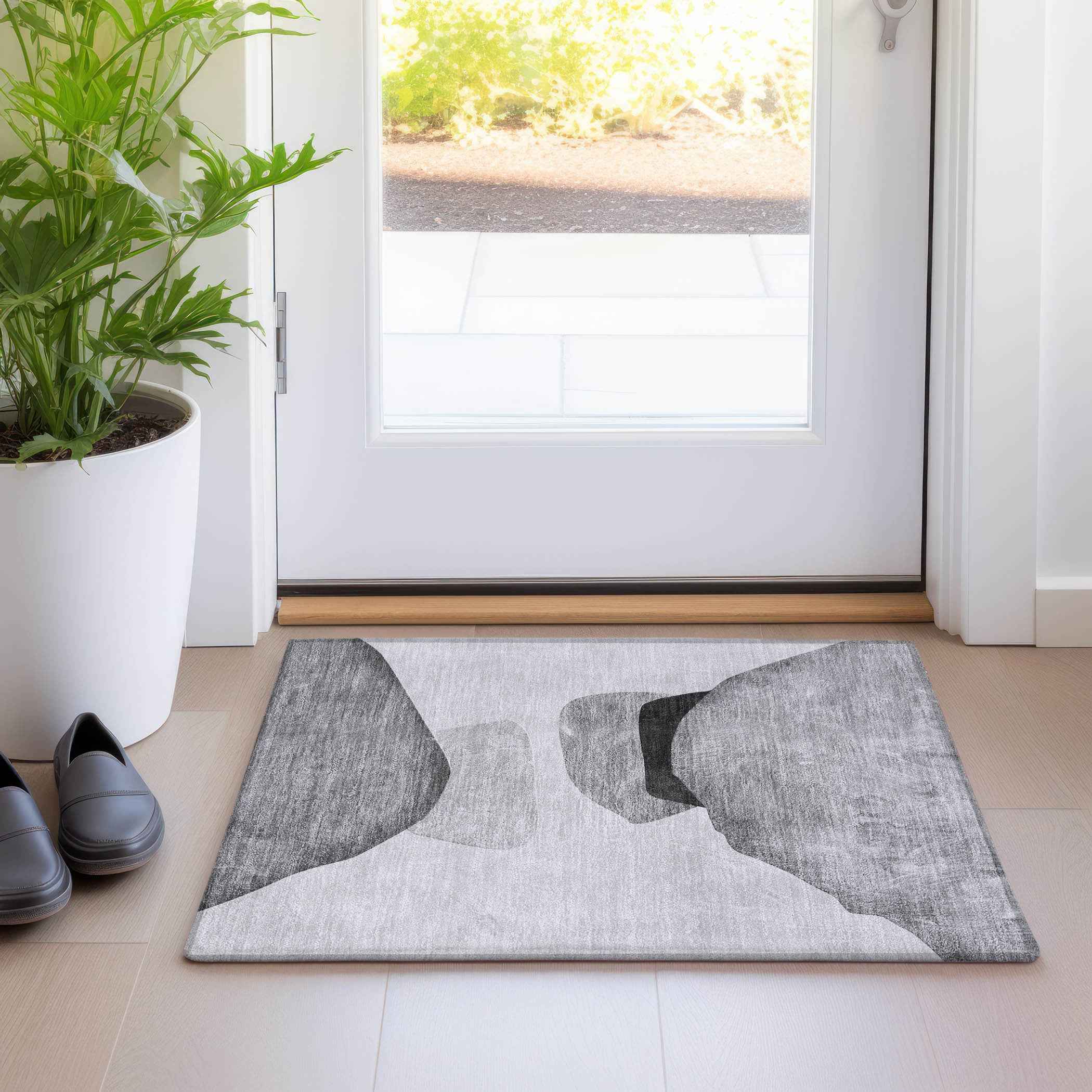 2' X 3' Gray and Black Abstract Washable Non Skid Indoor Outdoor Area Rug