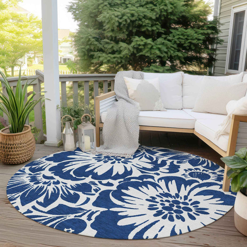 8' Round Navy and Ivory Round Floral Washable Non Skid Indoor Outdoor Area Rug