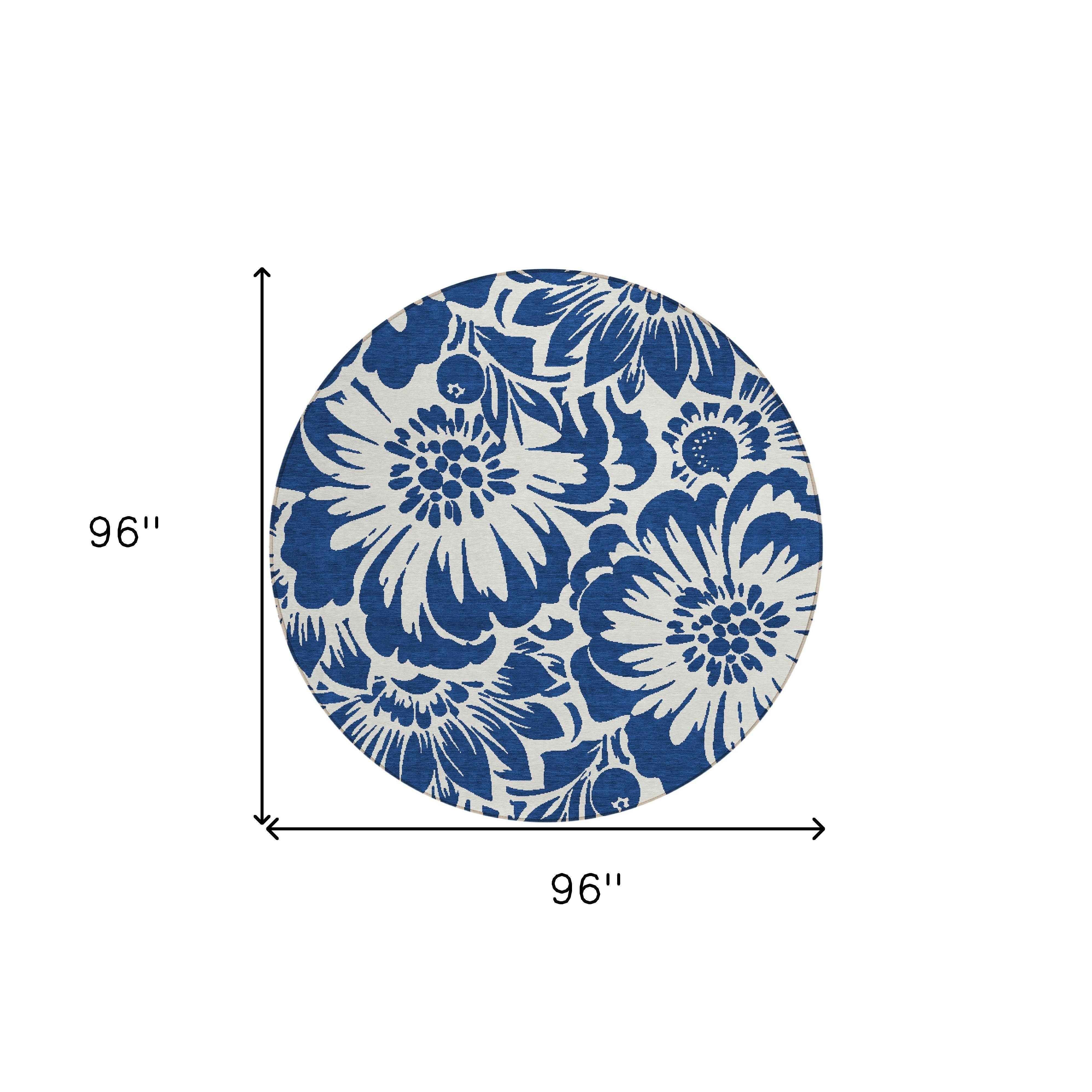 8' Round Navy and Ivory Round Floral Washable Non Skid Indoor Outdoor Area Rug