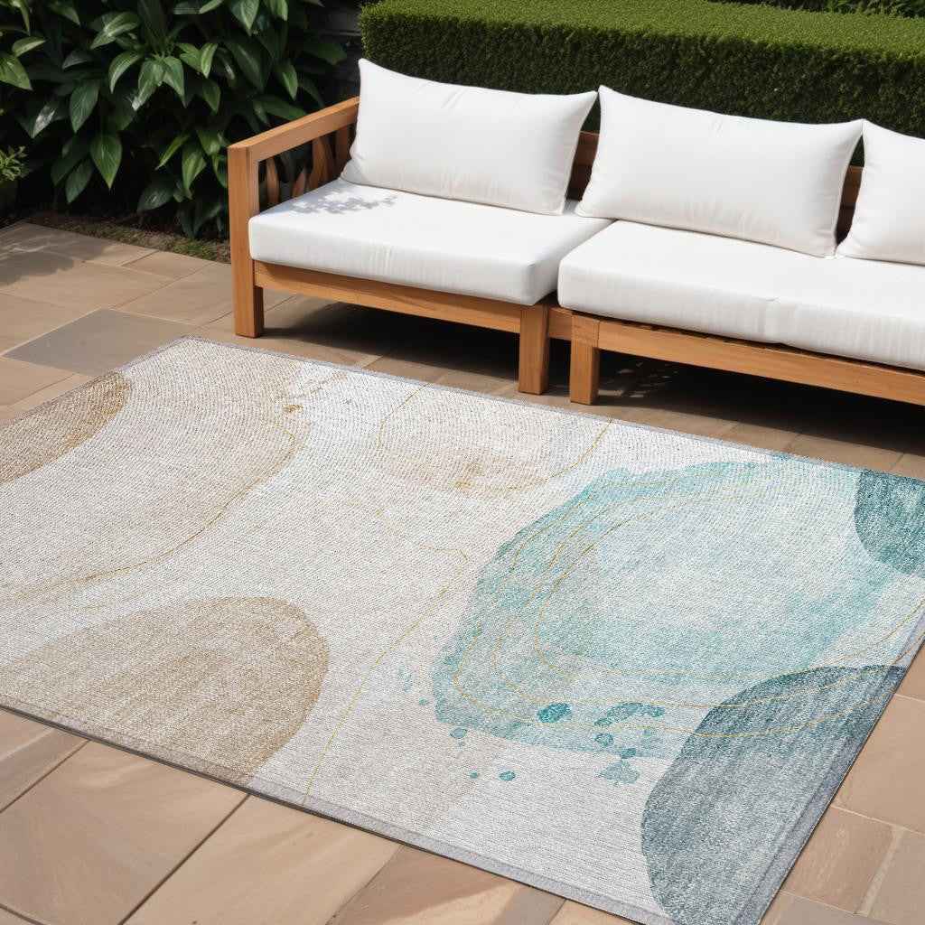 8' X 10' Beige And Blue Abstract Washable Indoor Outdoor Area Rug