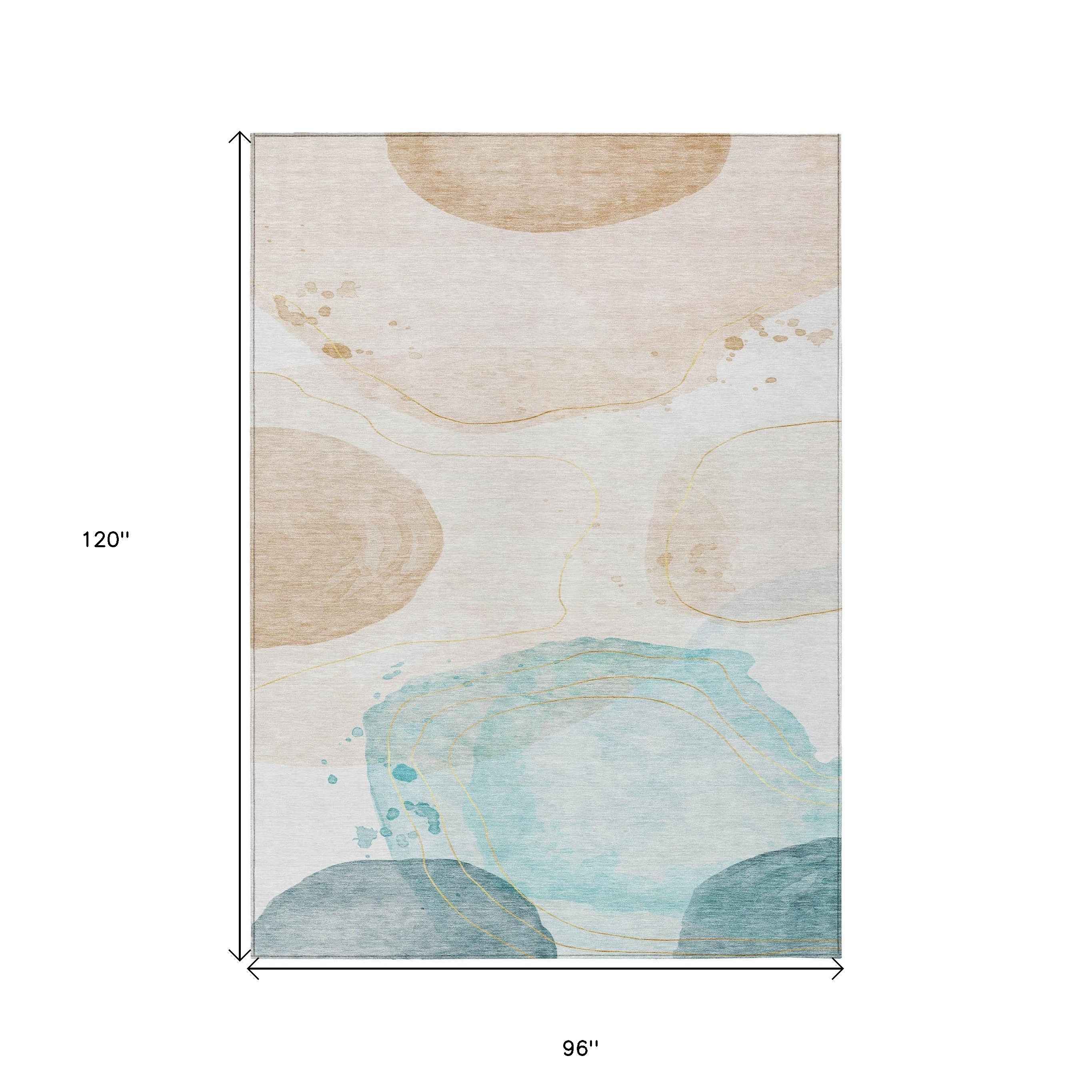 8' X 10' Beige And Blue Abstract Washable Indoor Outdoor Area Rug