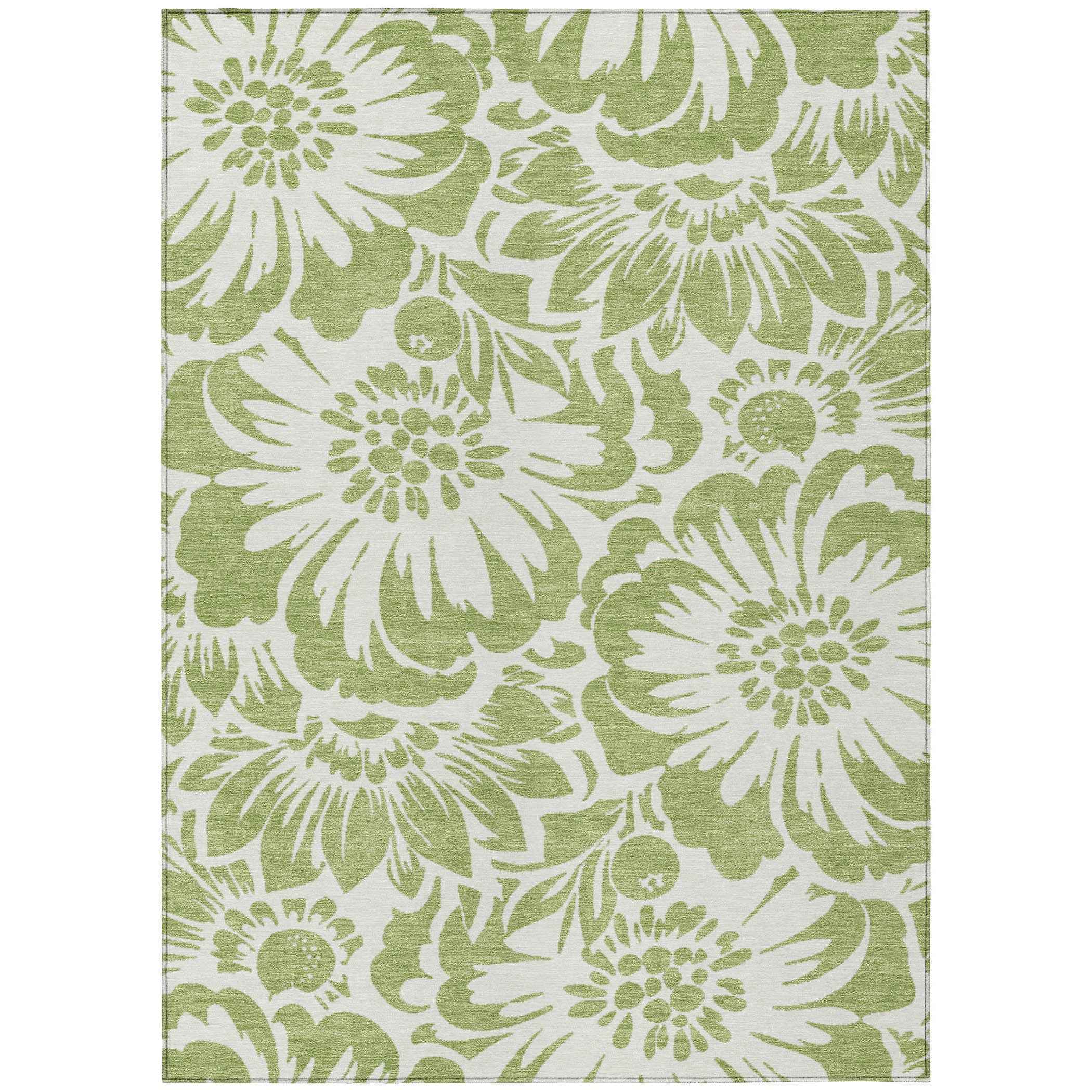 9' X 12' Green and Ivory Floral Washable Non Skid Indoor Outdoor Area Rug