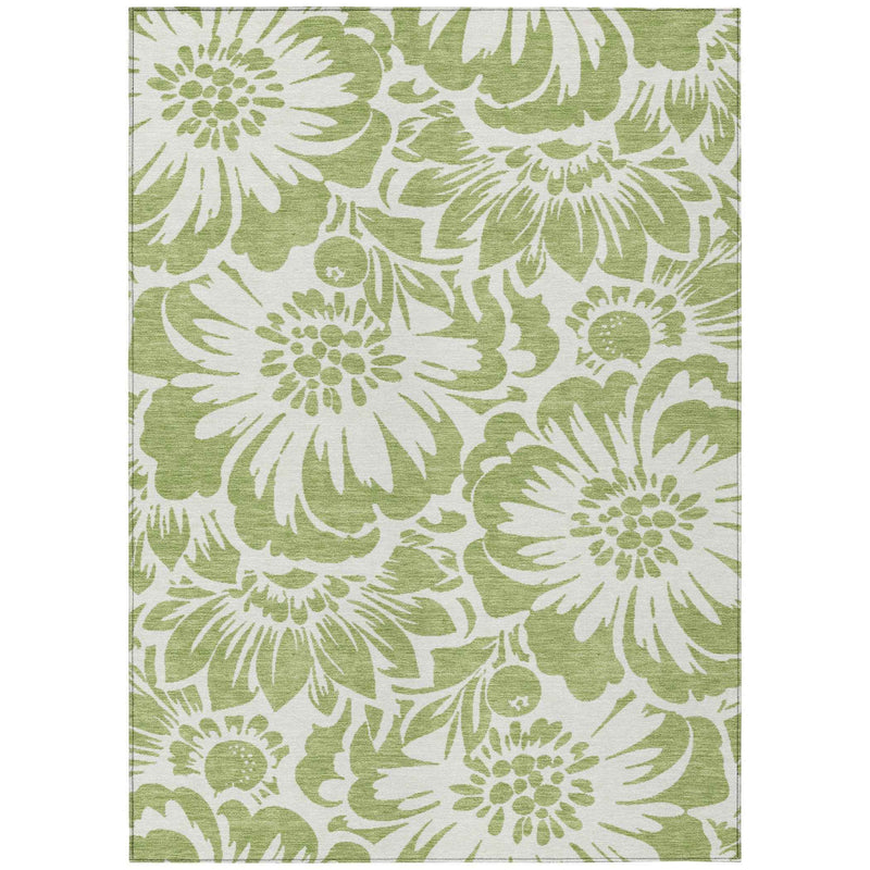 9' X 12' Green and Ivory Floral Washable Non Skid Indoor Outdoor Area Rug