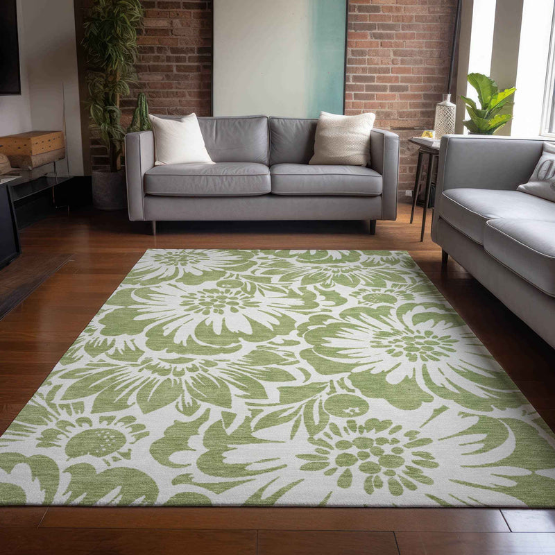 9' X 12' Green and Ivory Floral Washable Non Skid Indoor Outdoor Area Rug