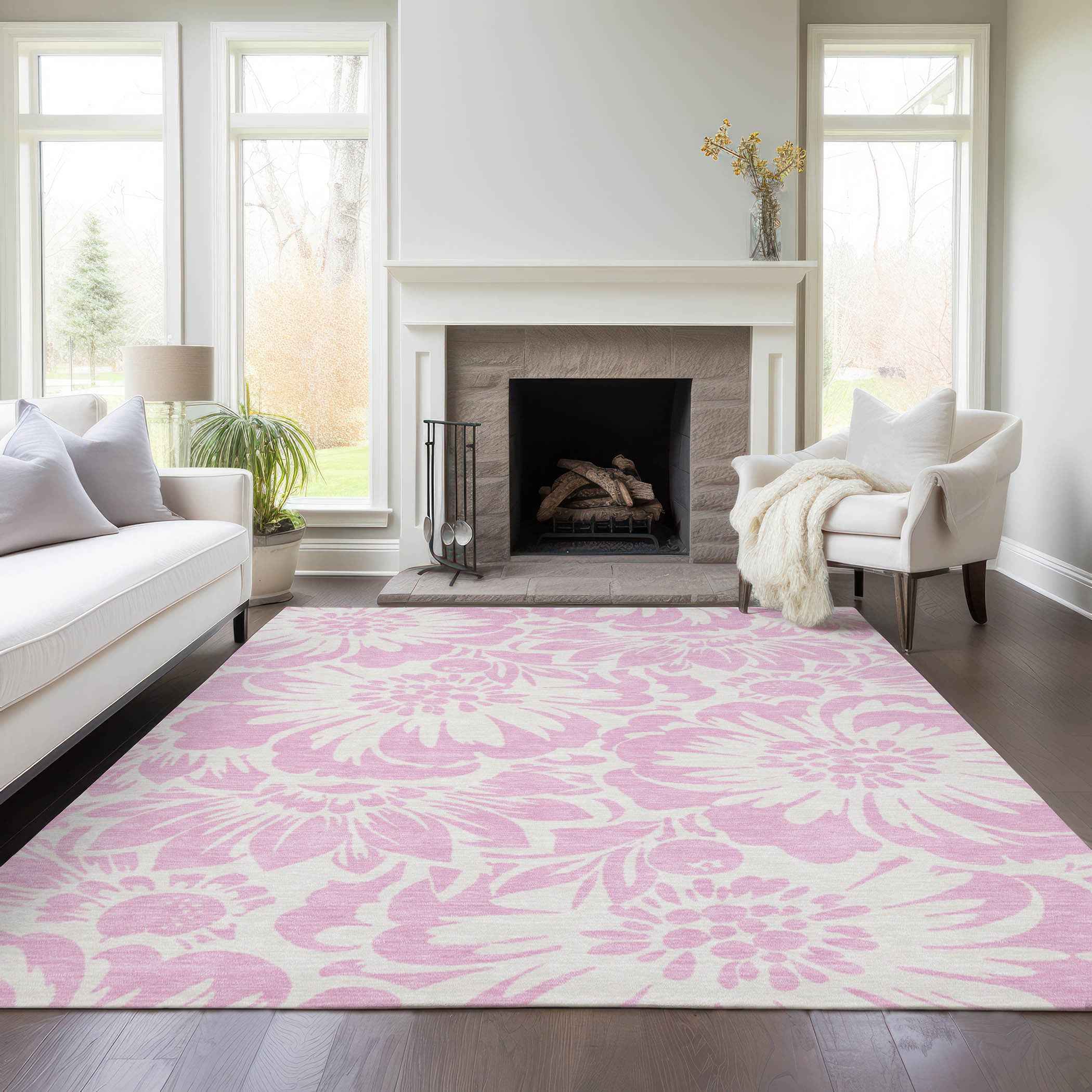 8' X 10' Pink and Ivory Floral Washable Non Skid Indoor Outdoor Area Rug